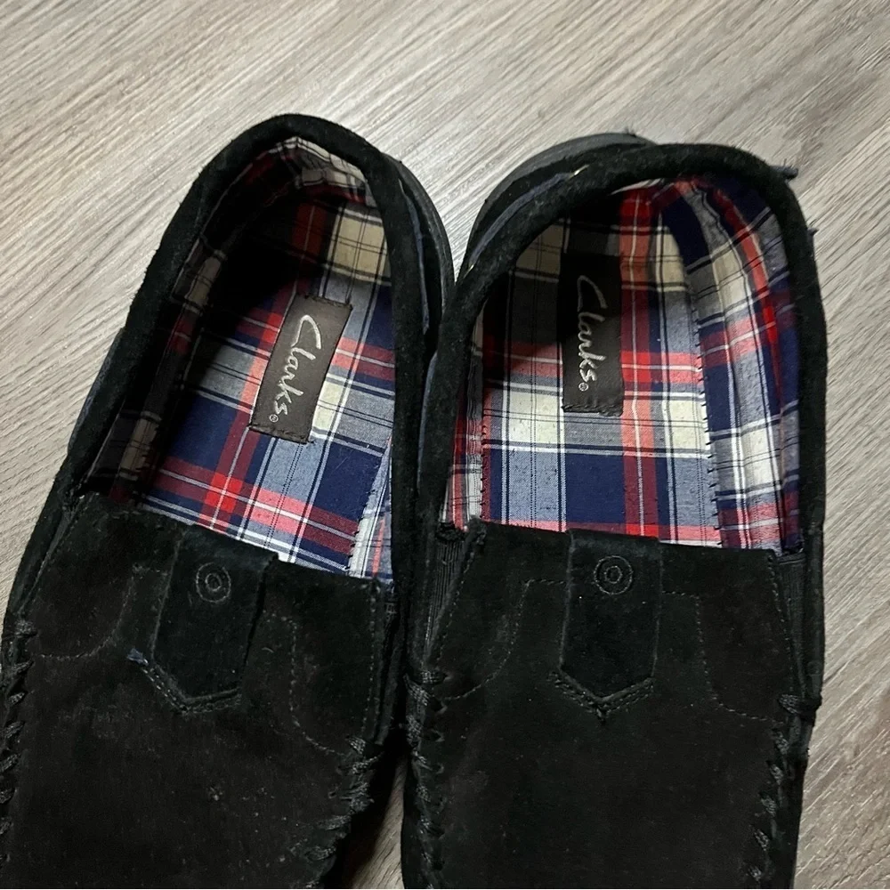 Clarks Mens Black Suede Loafers Flannel Lined Size 11 Cozy